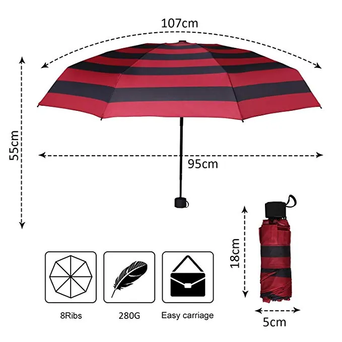 Good quality manual red and black stripe 3 folding umbrella portable for pocket, detail 2