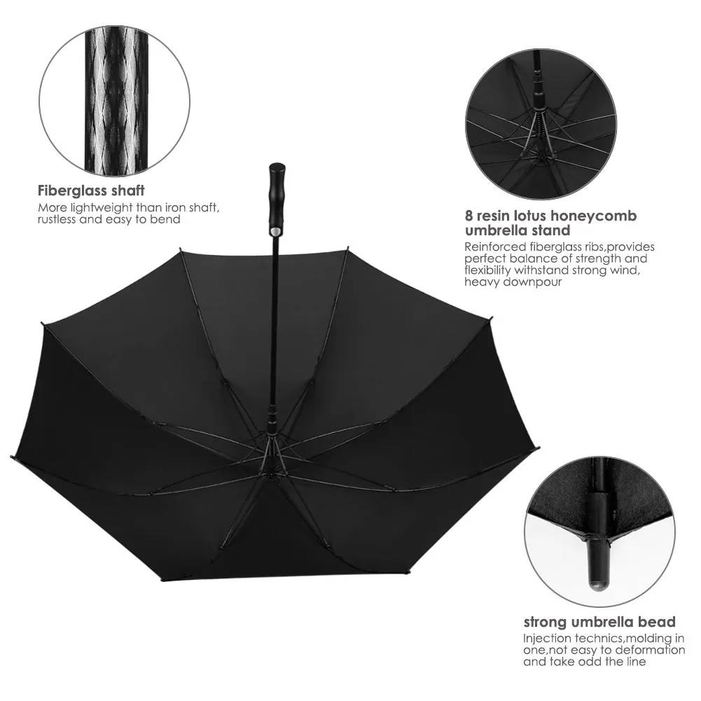 Chinese Factory 60 Inch Windproof Extra Large Waterproof 8 Ribs Automatic Open Golf Stick Black Umbrella, detail 3