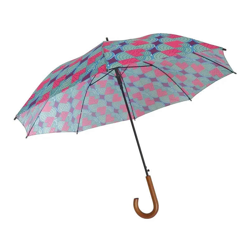 27Inch * 8k Check Print Fabric Blcak Wooden Curved Handle OEM Straight Umbrella, image 1