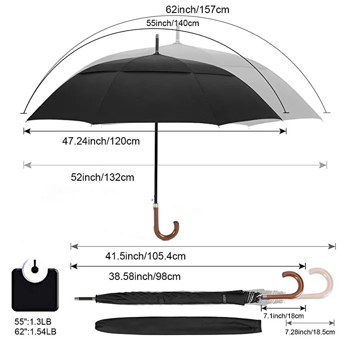 Wholesales Large 54/62inch Auto Open UV Sun Protection Double Canopy Windproof Classic Golf Umbrella with Wood J Handle, detail 2