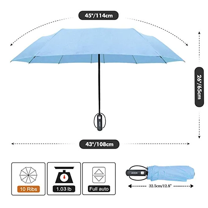 Factory wholesale hot sale bright blue windproof full auto open 3 folding rain umbrella, detail 3