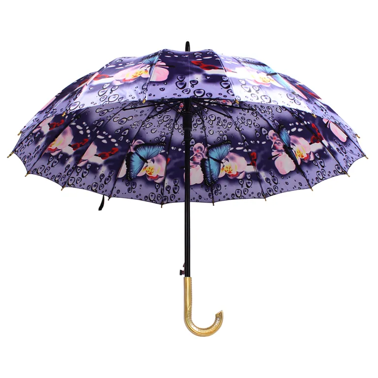 21inch 16k satin stick waterproof plastic golden curved handle umbrella, image 1