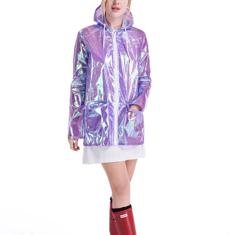 Wholesales fashion design metallic women holographic rain coat and color rain coat, Detail 4