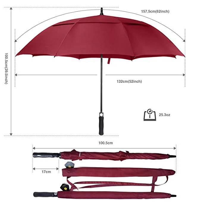 Factory 61 Inch Oversized Auto Open Golf Umbrella Outdoor Extra Large Double Canopy Vented Windproof Stick Umbrella, detail 4