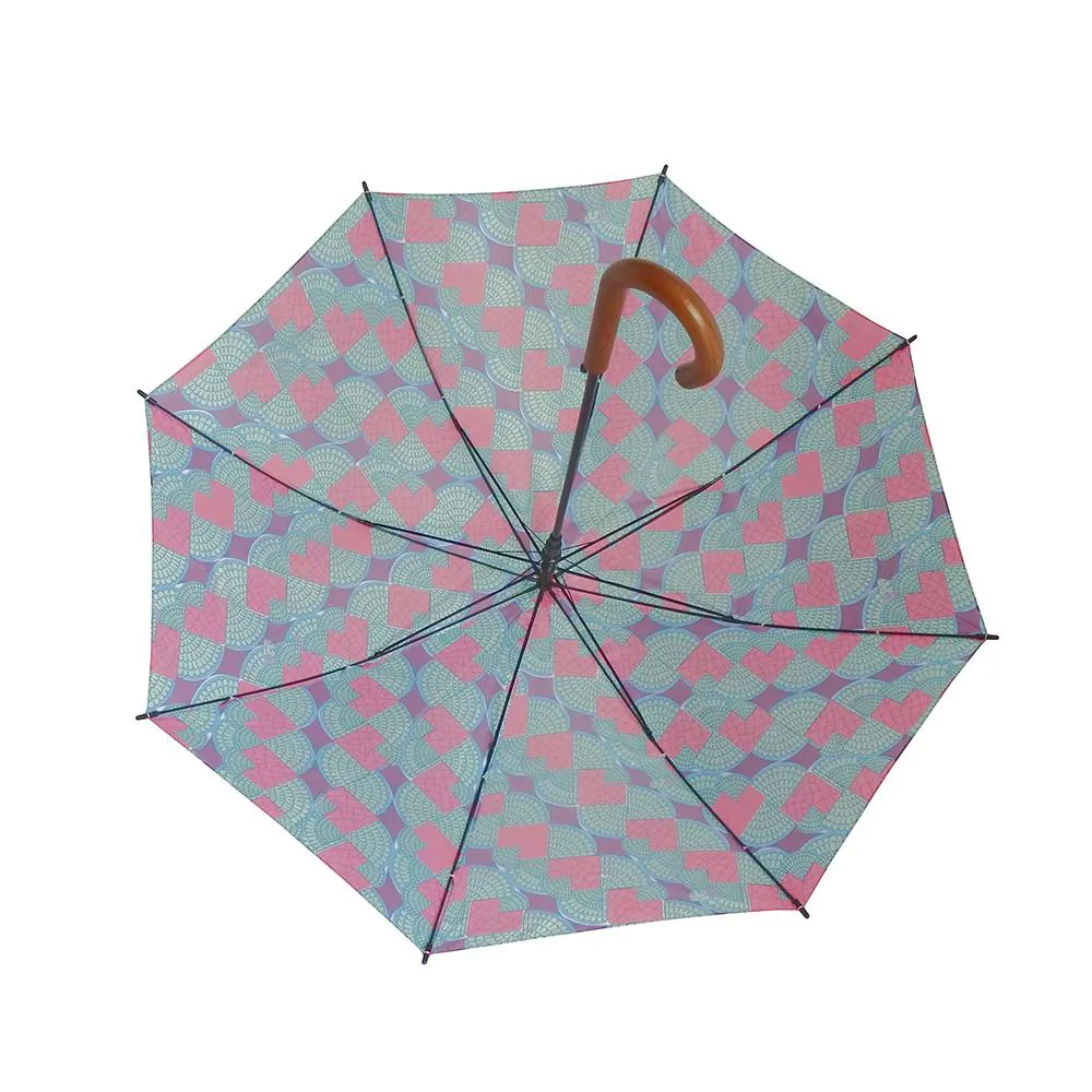 27Inch * 8k Check Print Fabric Blcak Wooden Curved Handle OEM Straight Umbrella, detail 2