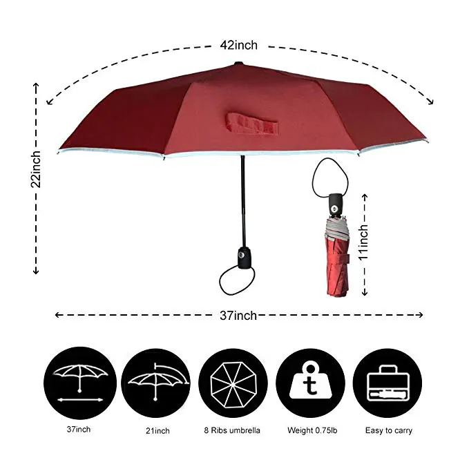 HIgh quality windproof foldable umbrella 95cm 8ribs fiberglass frame 3 folding umbrella with reflective strap, detail 4