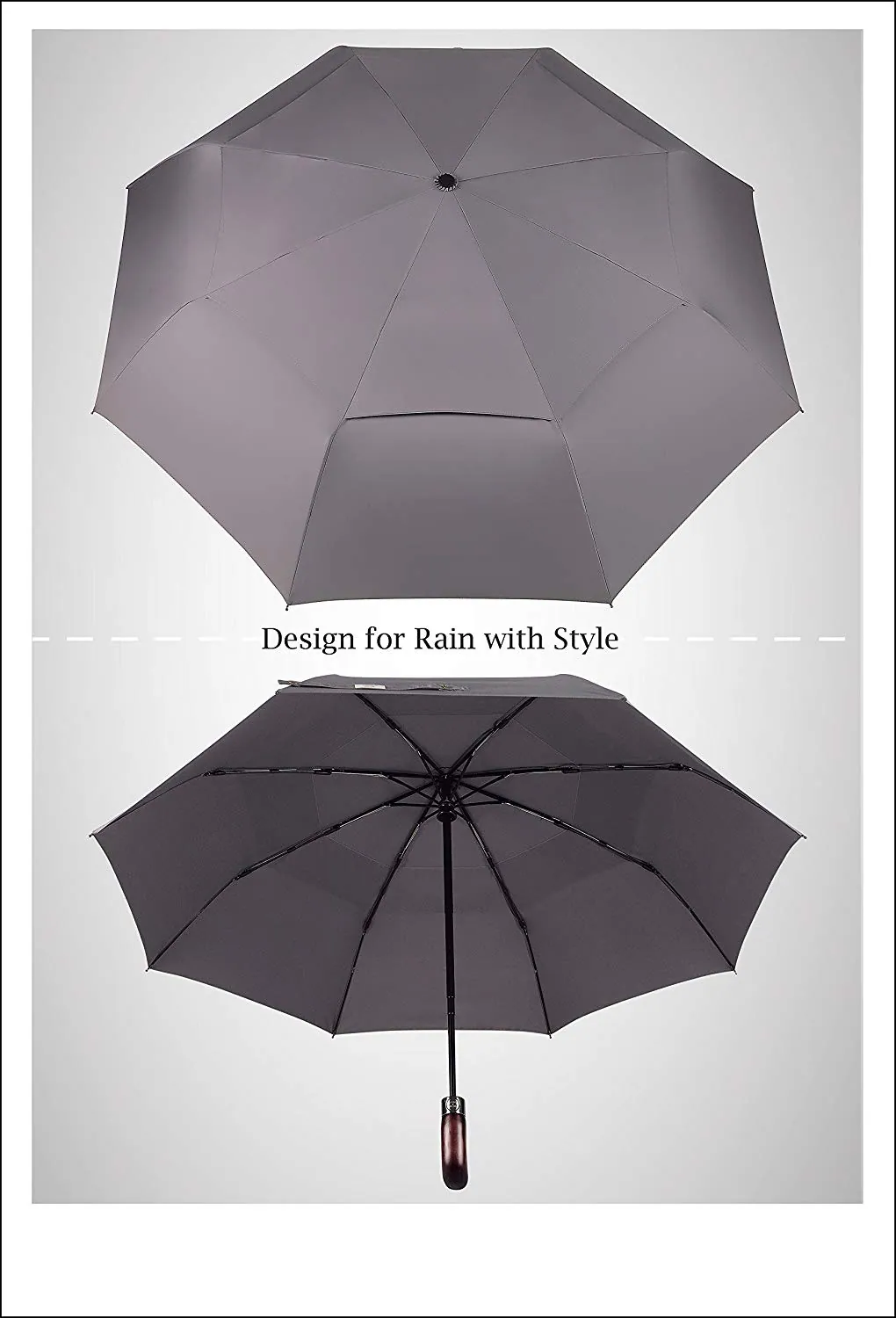 High Quality Auto Open Close Fiberglass Ribs Wooden Handle Double Vented Folding umbrella, detail 2