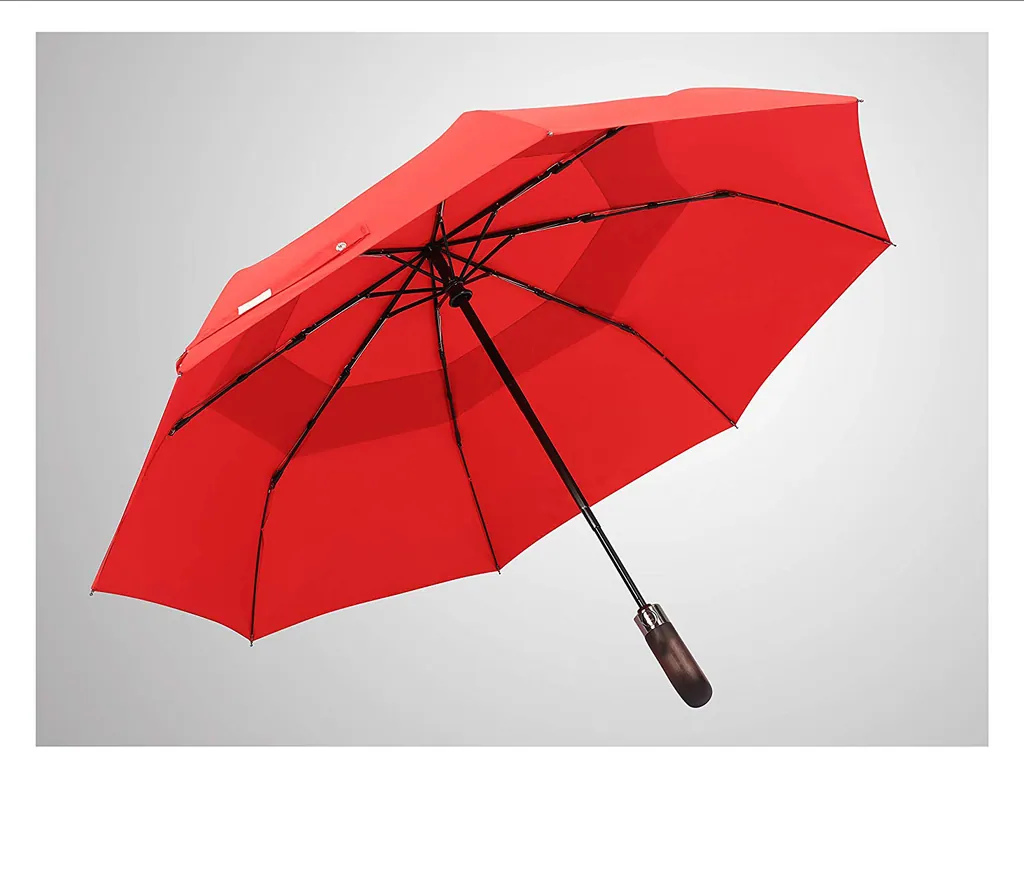 Hot Selling Foldable umbrella wooden handle automatic open and close 3 fold umbrella with carving logo, detail 1