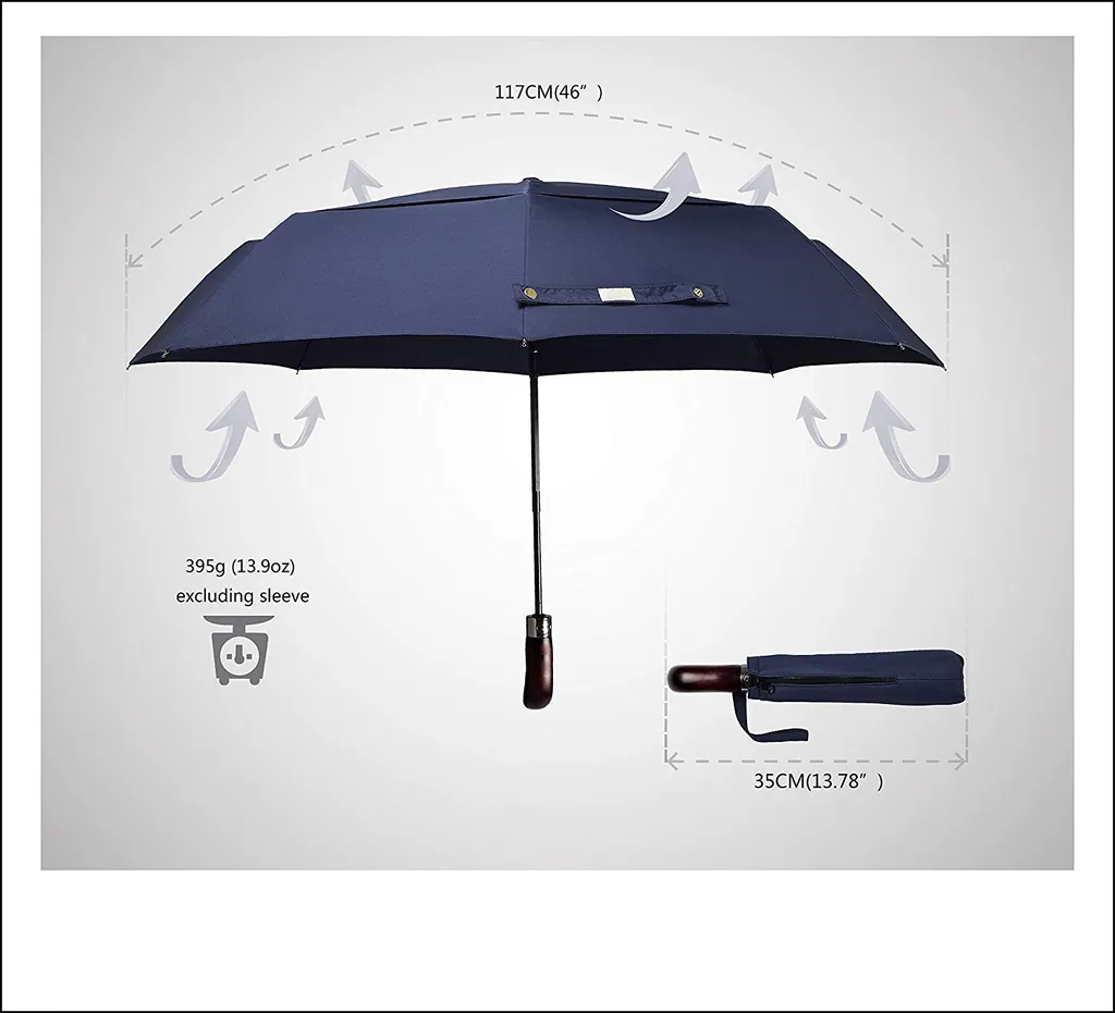 Custom fully automatic wooden handle 3 fold double canopy umbrella with logo print, detail 3
