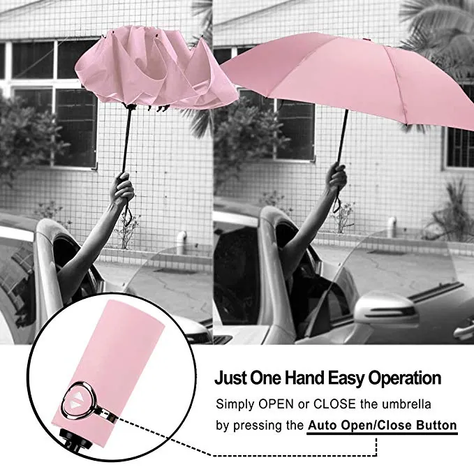 Great quality fully automatic windproof vented travel compact 3 fold reverse folding umbrella, detail 3