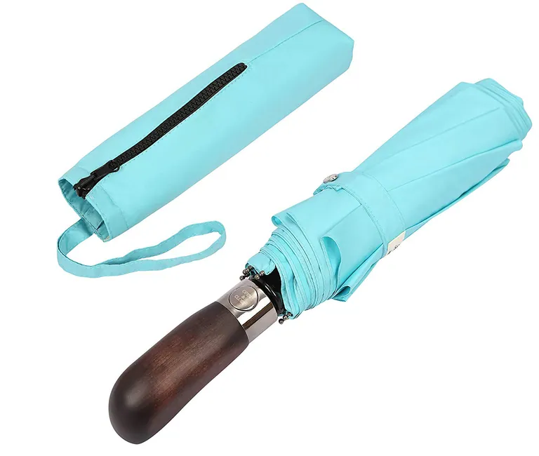 Premium Auto Open and Close Vented Windproof Double Canopy Travel Umbrella wth Real Wood Handle, image 1