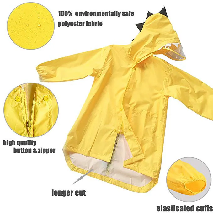 Custom dinosaur design waterproof EVA yellow rain poncho coat for kids, detail 7