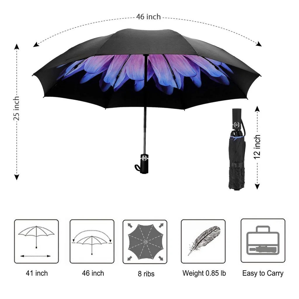 Promotional Custom Print Inside Reverse 3 Folding Portable Auto Open and Close Umbrella, detail 4
