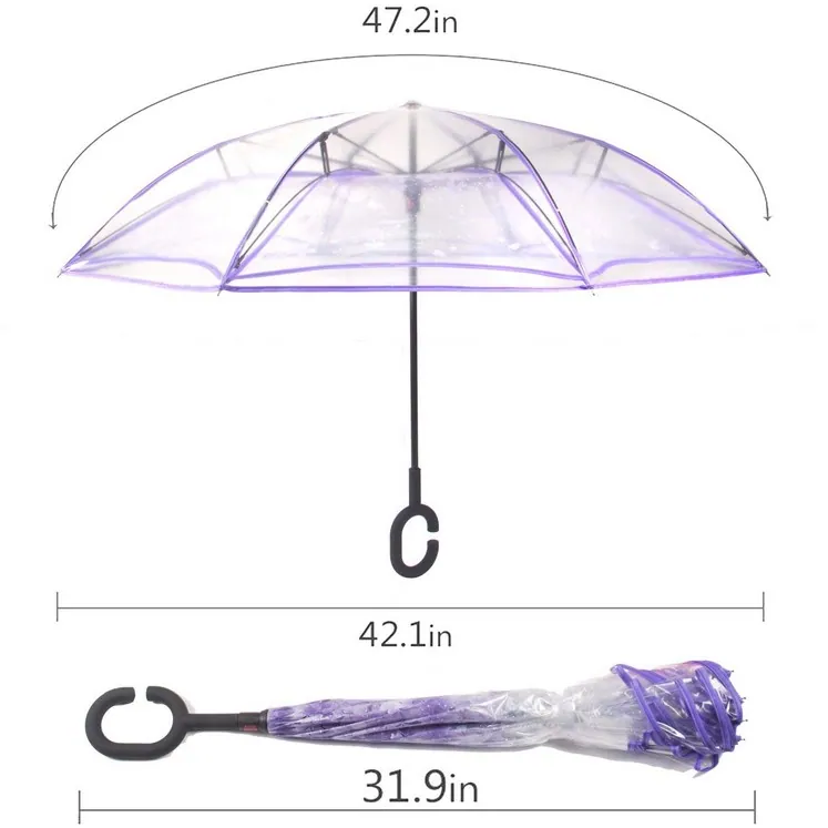 New Design Double Layer Clear Reverse Straight Umbrella with Crook Handle, detail 3