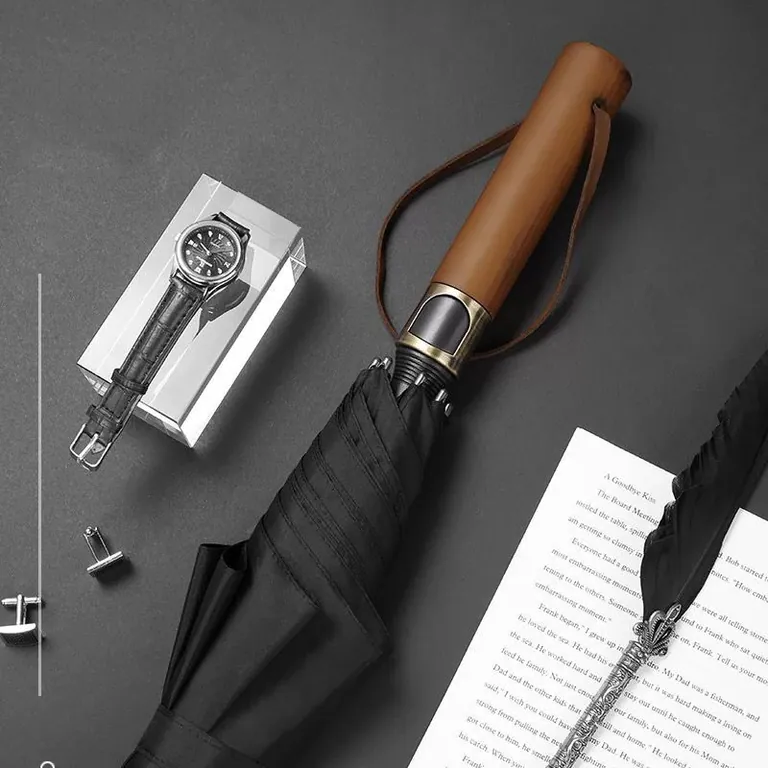 Lotus 2022 27inch 8 ribs Straight Wooden Handle Automatic Golf Umbrella，第 1 张图片