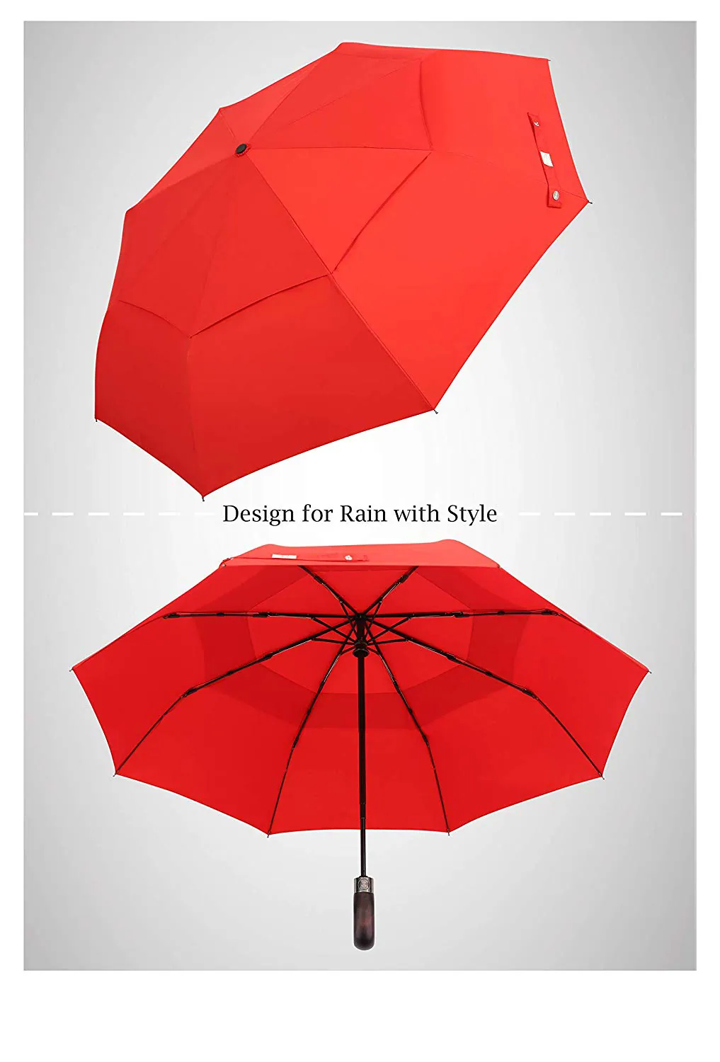 Hot Selling Foldable umbrella wooden handle automatic open and close 3 fold umbrella with carving logo, detail 2
