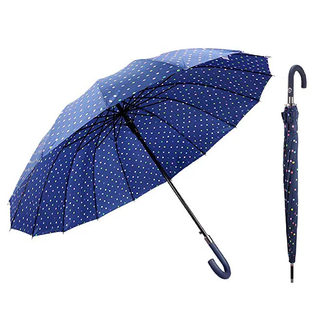 Classic Navy Blue 50 Inches Polka Dot Print 16 Ribs Automatic Open Windproof Waterproof J Handle Stick Umbrella, image 1