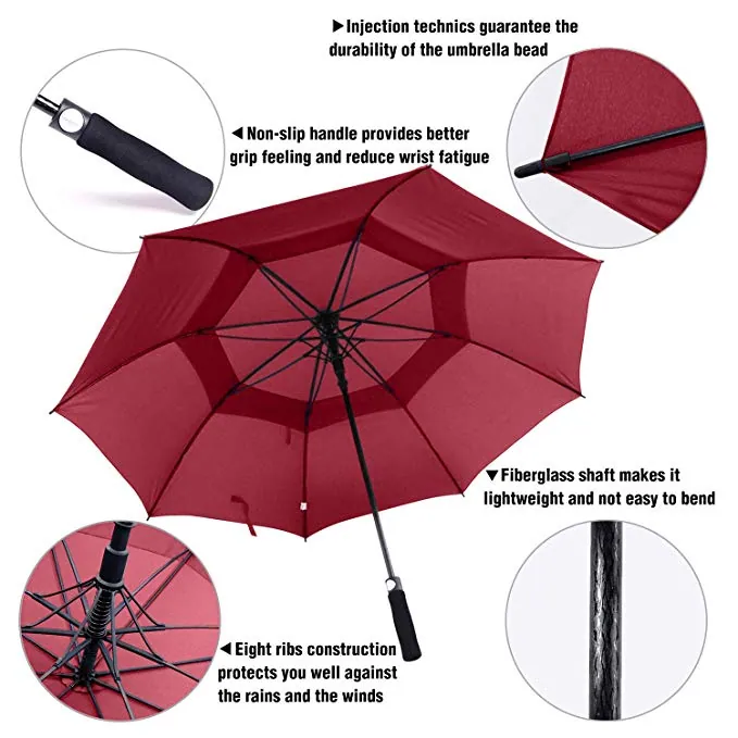 Factory 61 Inch Oversized Auto Open Golf Umbrella Outdoor Extra Large Double Canopy Vented Windproof Stick Umbrella, detail 2