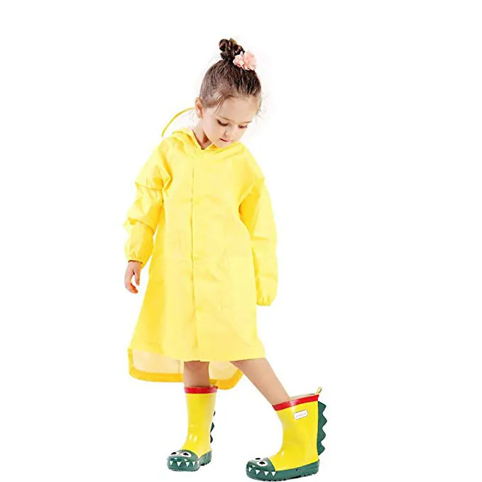 Custom dinosaur design waterproof EVA yellow rain poncho coat for kids, detail 3