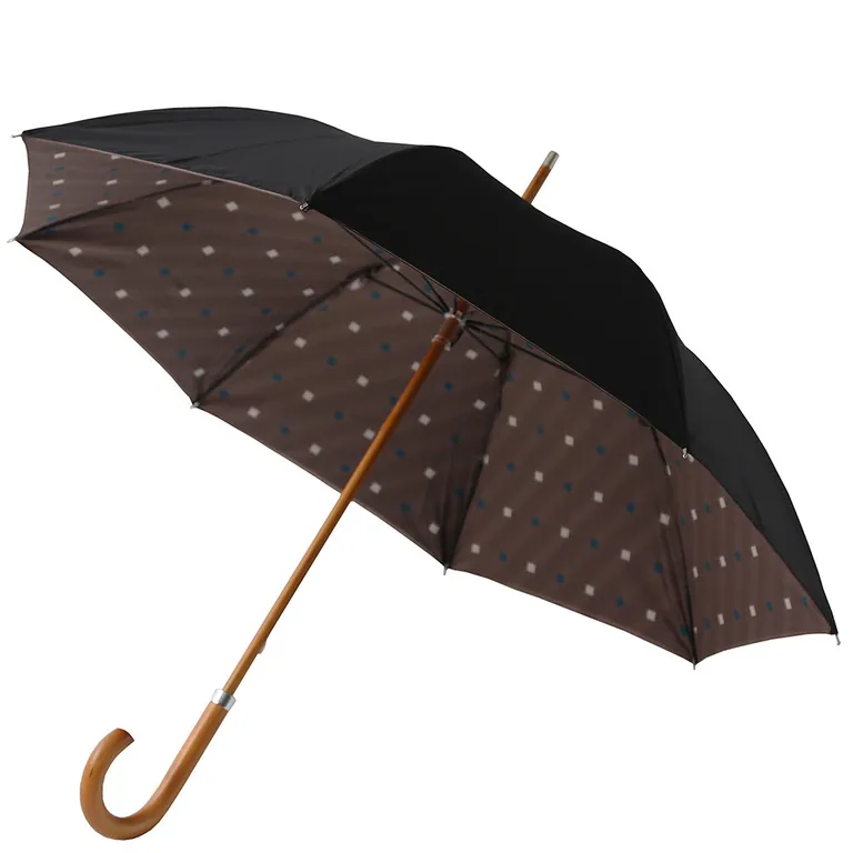 Good Quality Double Layers Wooden Shaft Black Metal Ribs Wooden Curved Handle Umbrella, image 1