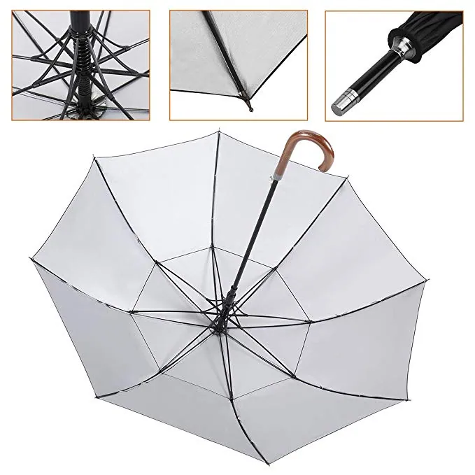 Wholesales Large 54/62inch Auto Open UV Sun Protection Double Canopy Windproof Classic Golf Umbrella with Wood J Handle, detail 4