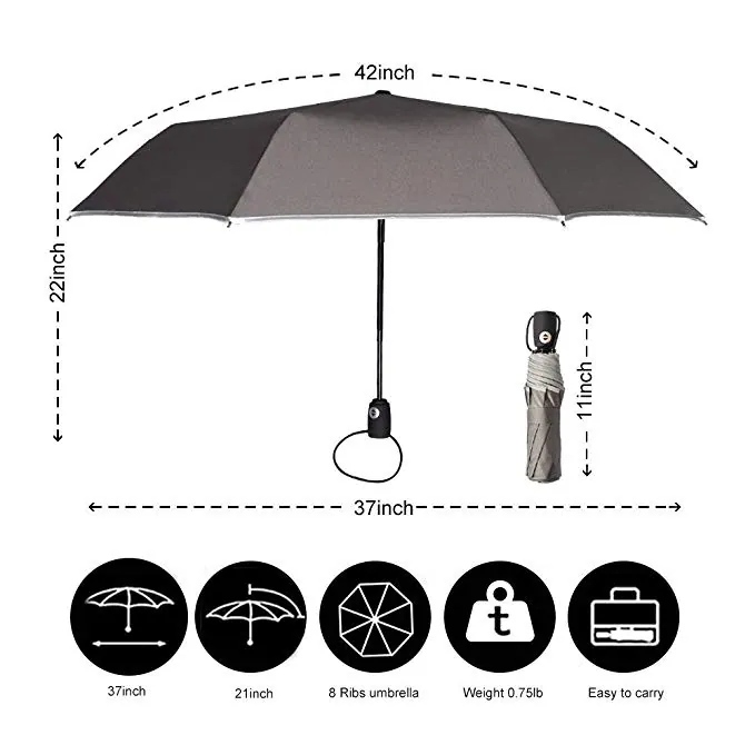 Good Quality OEM Windproof Travel Umbrella Auto Open & Close 3 folding umbrella with reflective strap，细节图 2