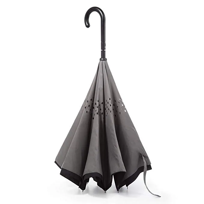 Hot Sales Waterproof 2 layers Upside-down Reverse Inverted J Handle Umbrella, detail 2
