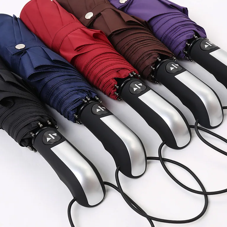 Wholesale Single Layer Pure Black 3 Folding 10Rib Windproof Business Men Style Promotional Folding Umbrella, detail 4
