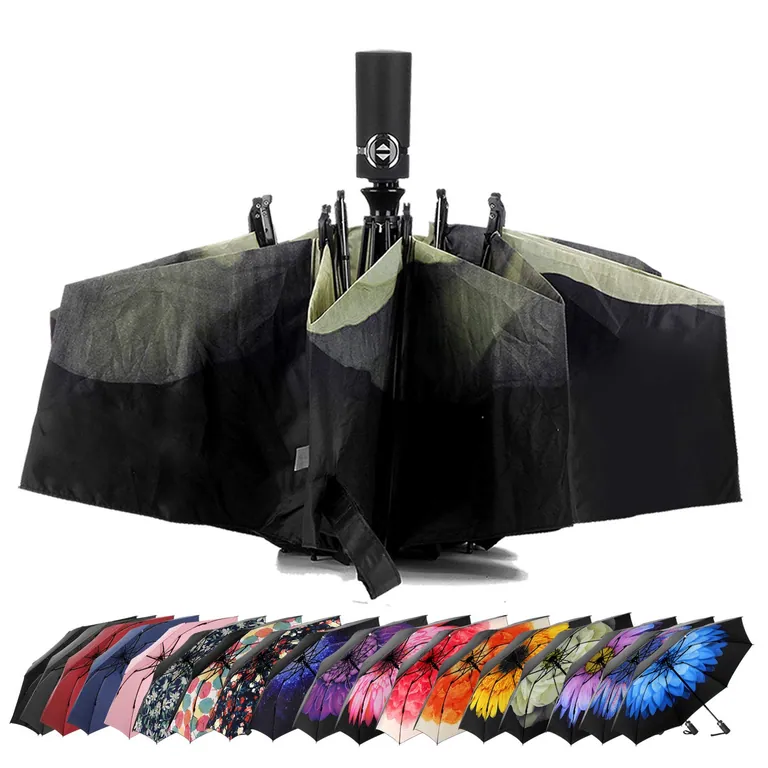 Shaoxing Factory Custom Print Inside Reverse 3 Folding Portable Auto Open and Close Umbrella, image 1