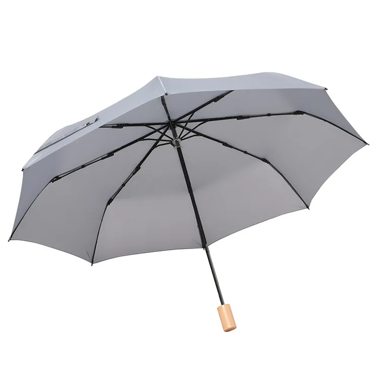 custom pongee fabric 3fold umbrella promotional rain umbrella wooden handle wholesale، صورة تفصيلية 1