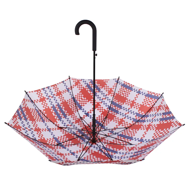 27 Inch Automatic Opening Chinese Style Red and Blue Printed Fiberglass Windproof Frame Straight Umbrella, detail 2