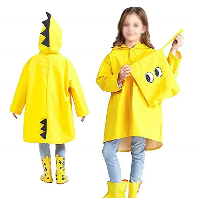 Custom dinosaur design waterproof EVA yellow rain poncho coat for kids, detail 6