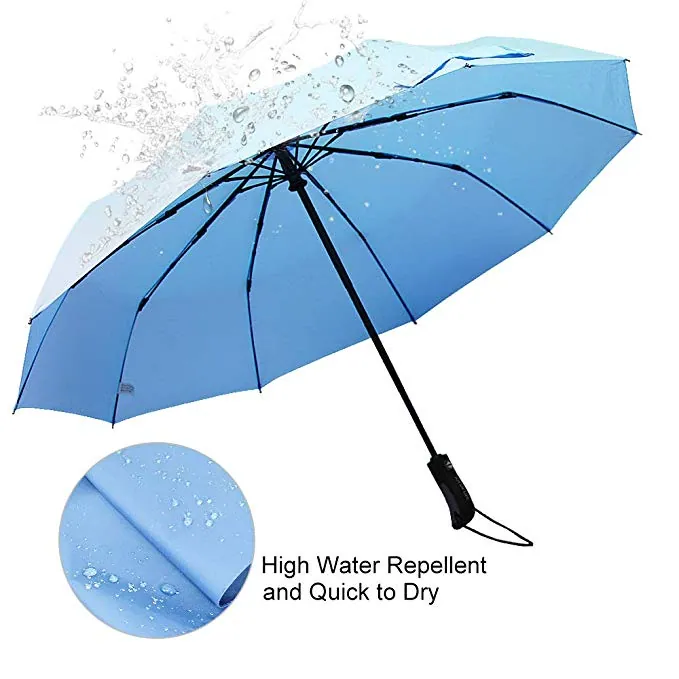 Factory wholesale hot sale bright blue windproof full auto open 3 folding rain umbrella, detail 2