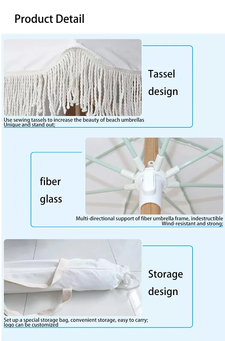 2022 New Arrival Customized Design Beach Wooden Umbrella with Tassel Beach Umbrella with Mat Sets، صورة تفصيلية 1