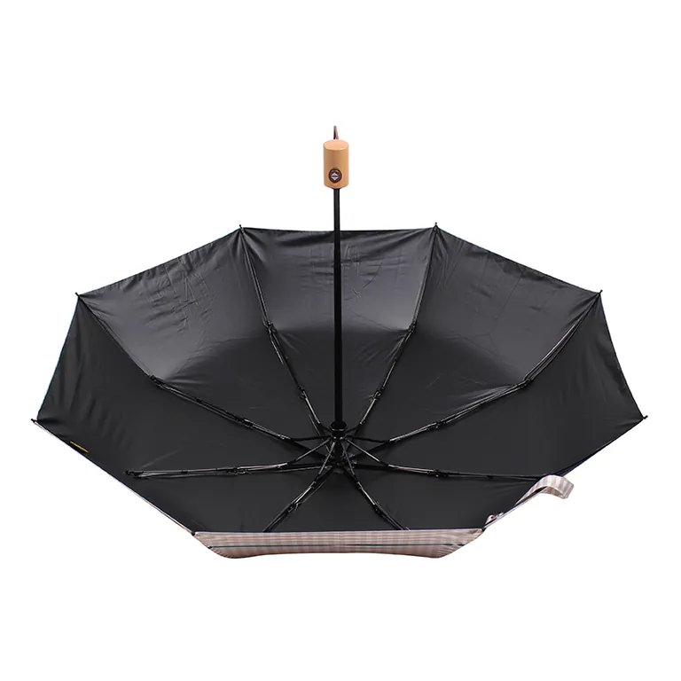 Full auto open fold pongee black coating sunproof china factory umbrella with wooden handle, detail 3