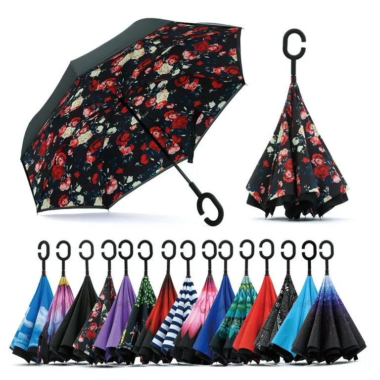 Pattern Design Custom Semi Automatic Open Double Layer Windproof Inverted Reverse Car Umbrella, image 1