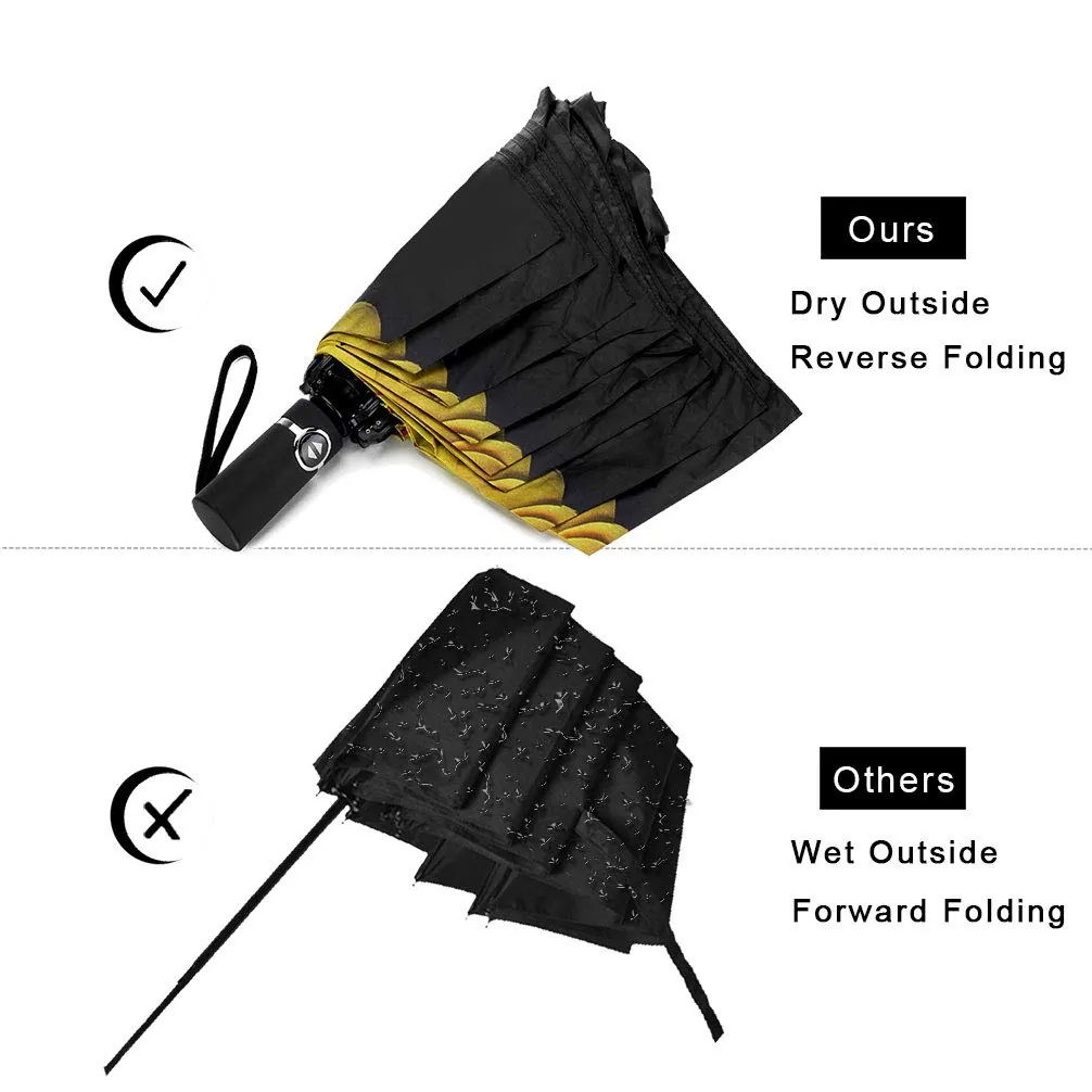 Wholesale upside down windproof Sunflower Print Inside automatic 3 folding reverse umbrella with Black UV Coating, detail 2