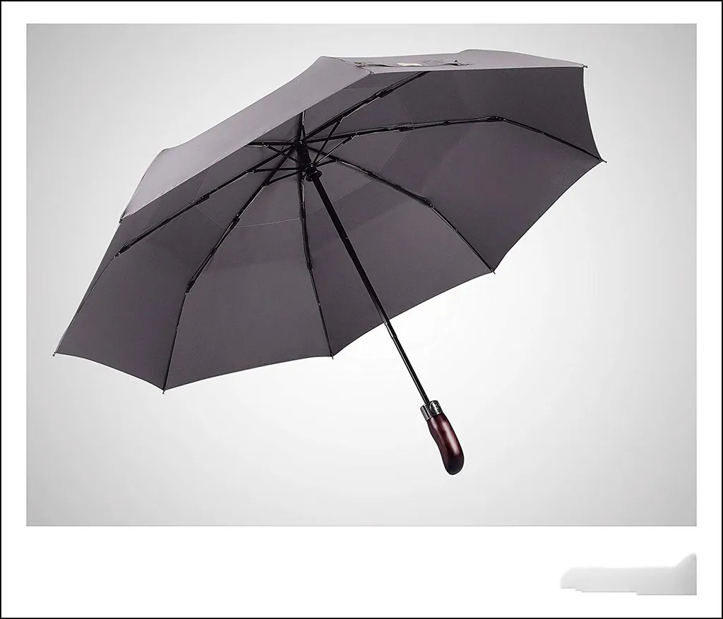 High Quality Auto Open Close Fiberglass Ribs Wooden Handle Double Vented Folding umbrella, detail 1