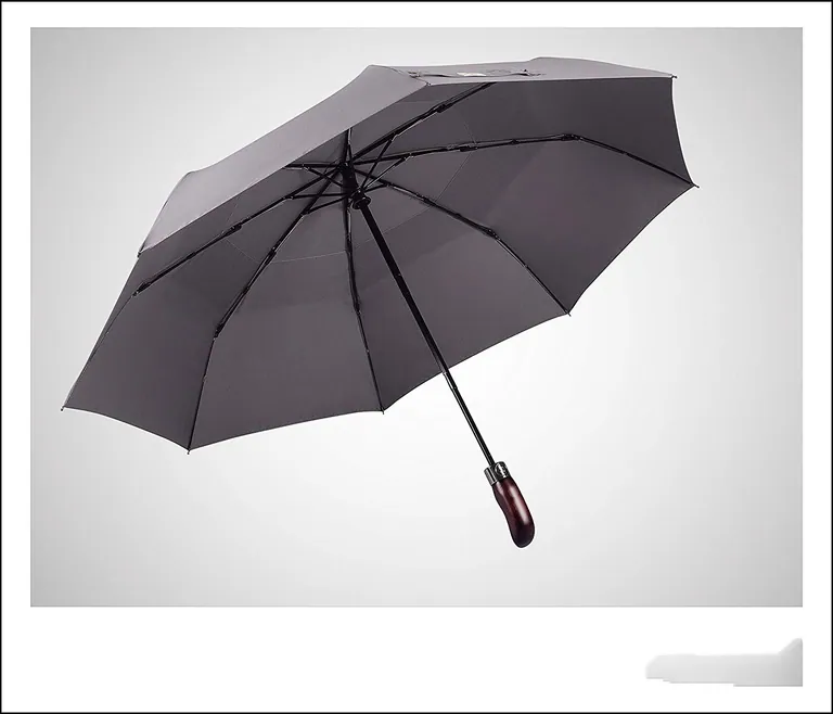 High Quality Auto Open Close Fiberglass Ribs Wooden Handle Double Vented Folding umbrella, image 1