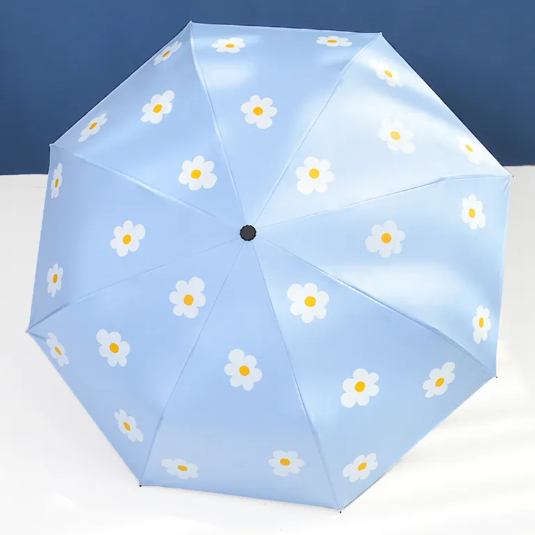 Wholesale auto 3 folding umbrella pongee rain UV Umbrella sky blue OEM,第 1 张图片