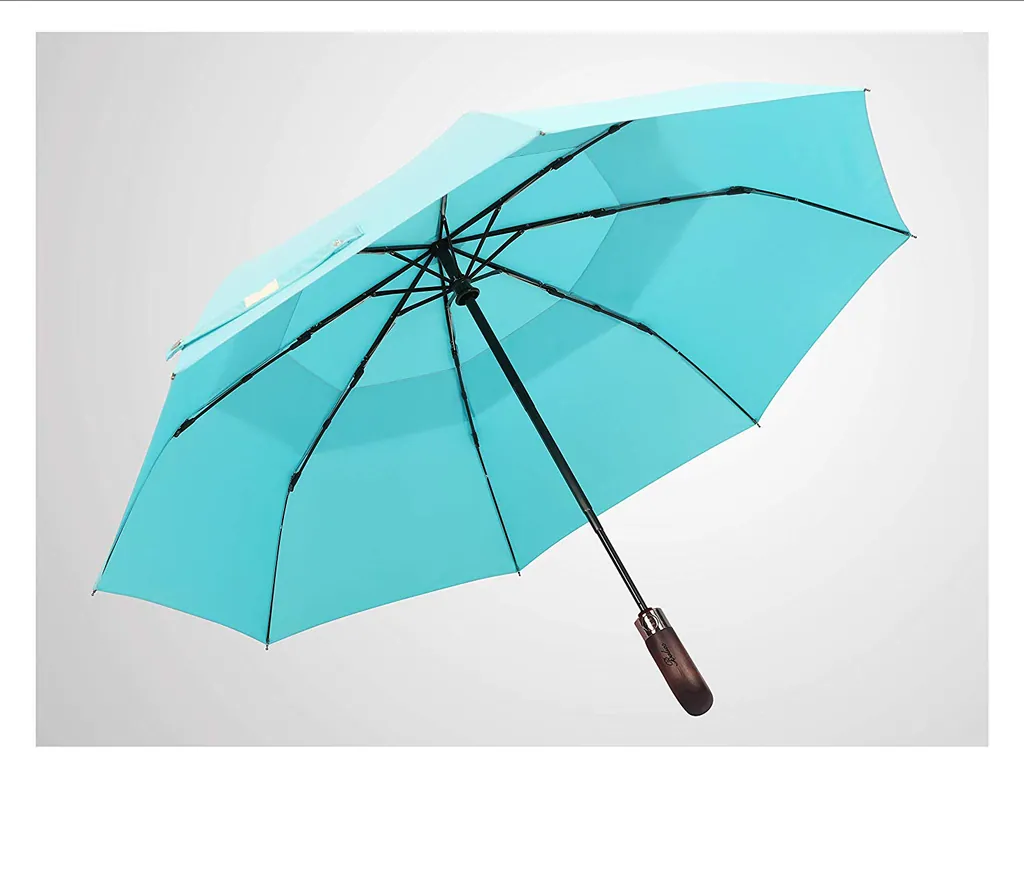 Premium Auto Open and Close Vented Windproof Double Canopy Travel Umbrella wth Real Wood Handle, detail 1