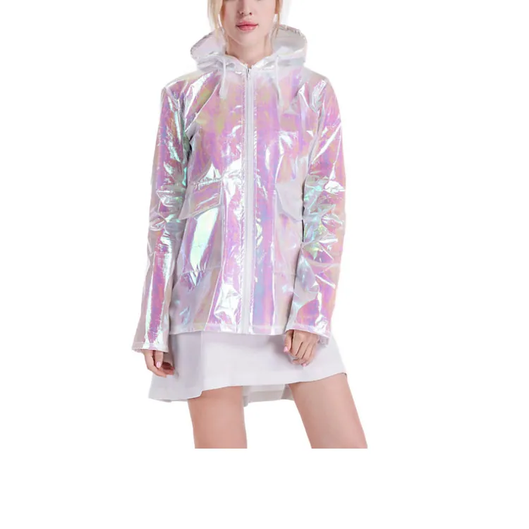 Wholesales fashion design metallic women holographic rain coat and color rain coat, Detail 3