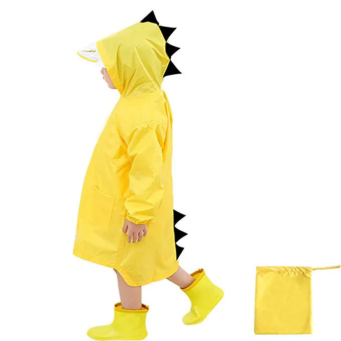 Custom dinosaur design waterproof EVA yellow rain poncho coat for kids, detail 9