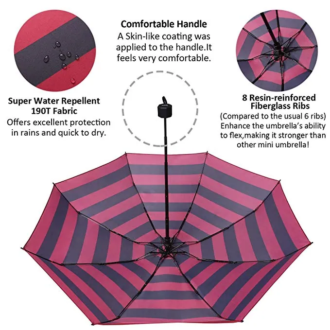 Good quality manual red and black stripe 3 folding umbrella portable for pocket, detail 3