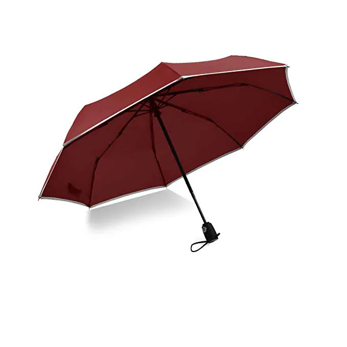 HIgh quality windproof foldable umbrella 95cm 8ribs fiberglass frame 3 folding umbrella with reflective strap, image 1