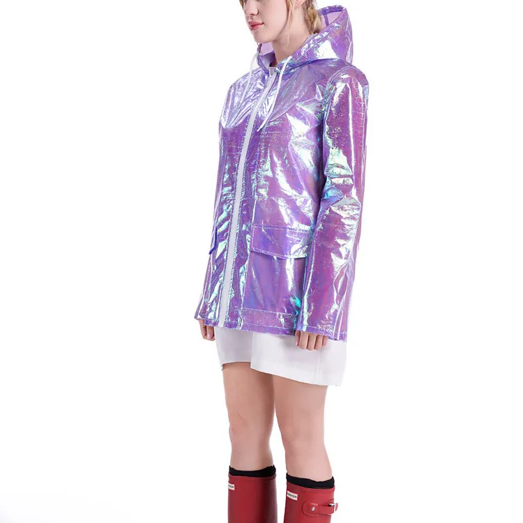 Wholesales fashion design metallic women holographic rain coat and color rain coat, Detail 2