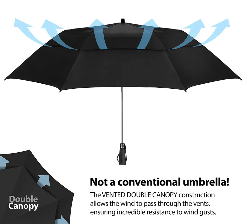 Custom Logo Prints Foldable Auto Open 58Inch Double Canopy Strong Windproof 2 Folds Golf Umbrella, detail 2