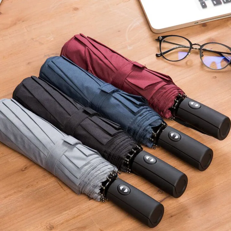 High quality custom pongee fabric 3fold umbrella promotional rain umbrella cheap folding umbrella blue，细节图 3