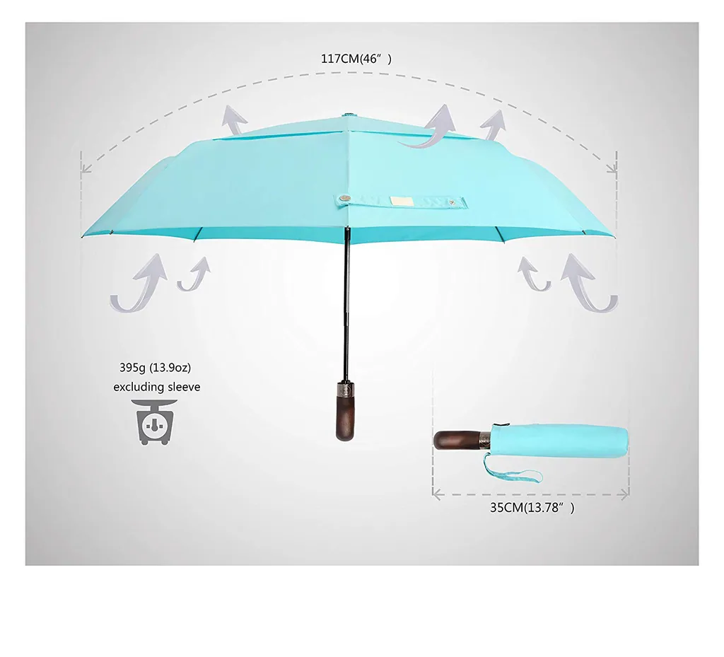 Premium Auto Open and Close Vented Windproof Double Canopy Travel Umbrella wth Real Wood Handle, detail 3