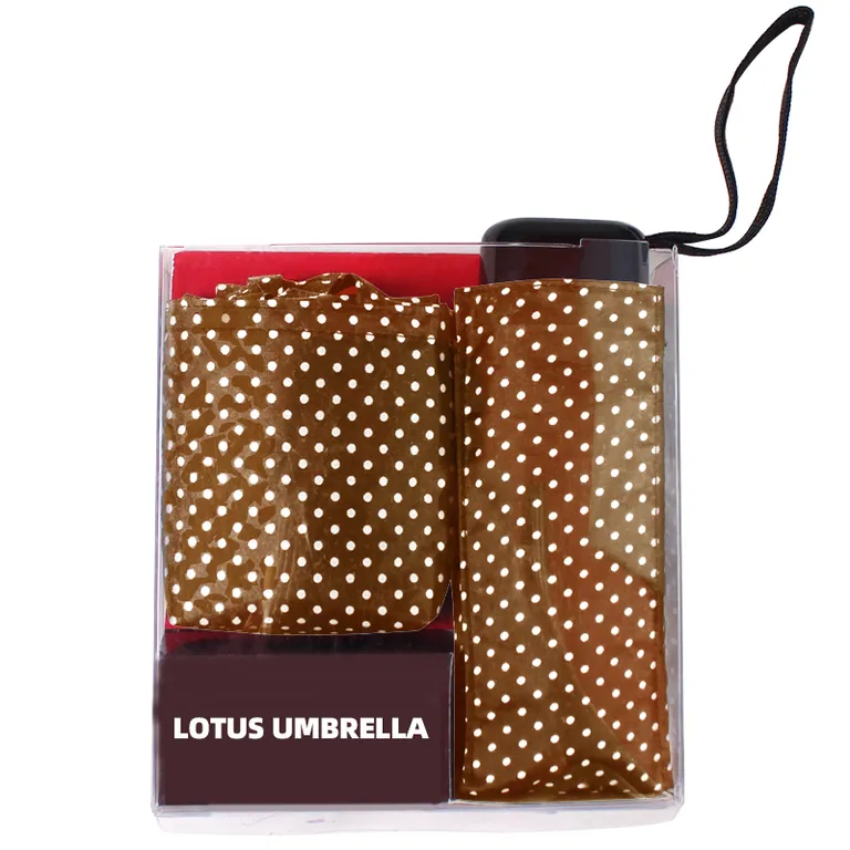 2019 Fashion Design Coffee Polka Dot Pattern Super Mini 5 Fold Umbrella Gift Set for Lady، الصورة 1